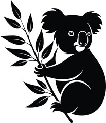 Black silhouette of a koala holding a eucalyptus branch koala, black silhouette, eucalyptus branch, leaves, animal, mammal, cute, white background, simple iconic australian animal, wildlife, nature, t