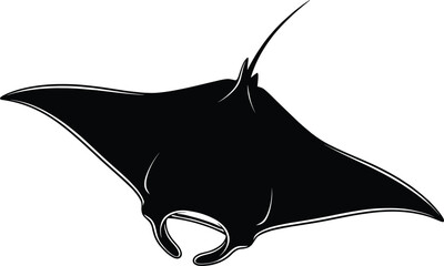 Black silhouette of a manta ray swimming fish ocean manta ray, black silhouette, fish, ocean, sea creature, swimming, underwater, marine life, stingray, fins, tail, white background, black and white, 