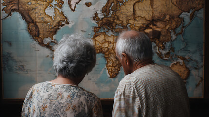  An elderly couple looking at a world map, planning their next adventure (1)