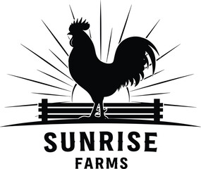 Black silhouette rooster standing on fence with sunburst rooster, silhouette, fence, sunburst, farm, sunrise, black, white, animal, bird, agriculture, rural, morning, rays, lines, symbol, standing, be
