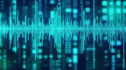Neon sound wave audio waveform music equalizer digital pulse abstract technology data visualization vertical lines glowing blue cyber background futuristic pattern swell across blurred grid
