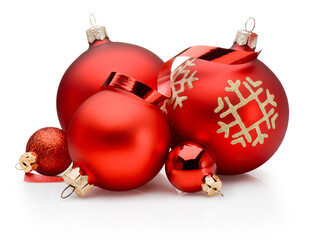 Christmas red decoration baubles and curling paper ribbon isolated on white background