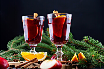 Mulled wine. Warm spiced beverage served in elegant glasses, garnished with orange slices and cinnamon sticks, surrounded by fresh fruits and pine branches, creating cozy holiday atmosphere