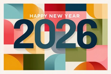 Happy New Year 2026: Bold, colorful vector design with large white numbers on geometric blocks