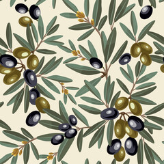 Seamless vector pattern featuring olive branches with ripe black and green olives, illustrated in a soft natural palette on a light background. Detailed botanical element