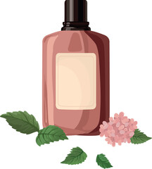 Vector illustration of a cosmetic bottle with a blank label, decorated with patchouli leaves and delicate pink flowers. Natural botanical design suitable for skincare branding, organic beauty products