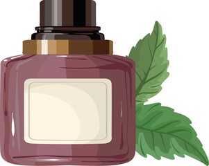 Vector illustration of a cosmetic jar with a blank label, decorated with fresh green leaves, herbal cosmetics, aromatherapy themes, product packaging, promotional materials, and wellness visuals