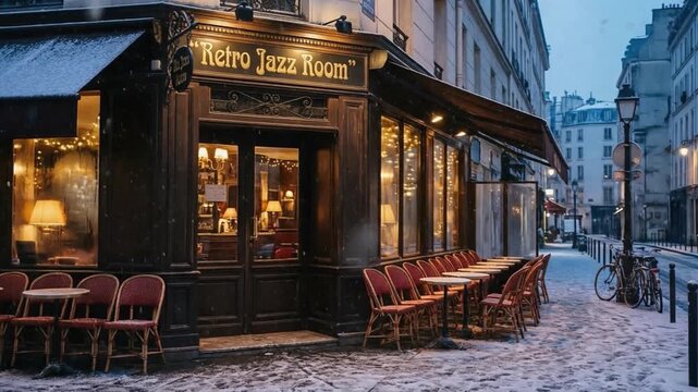 A cozy vintage jazz caf&eacute; on a snowy European street with warm lights and empty outdoor tables, evoking nostalgic winter evening charm.