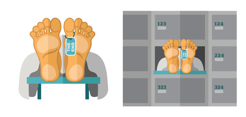 Dead body feet with toe tag The End on morgue table and in morgue sectional cabinetю flat vector illustration.