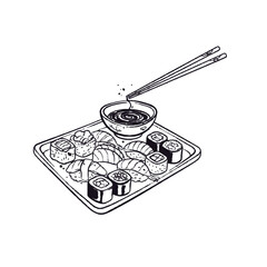 Sushi with chopsticks on a table alongside coffee and money, representing food and business concepts