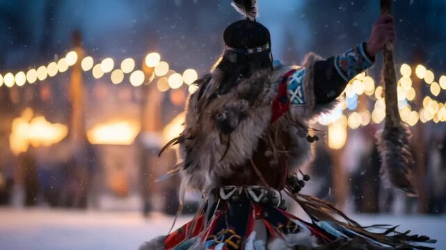 Man dancing in traditional winter indigenous costume with fur and feathers during a pagan holiday ritual