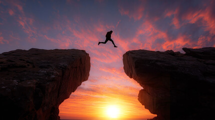 dramatic vertical silhouette of person jumping over deep rock chasm