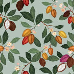 Vector seamless pattern with cocoa branches with ripe cacao pods, green leaves, and delicate pink flowers on green background
