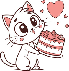 Cute Cat Holding Heart-Shaped Valentine Cake &ndash; Kawaii Love Cartoon Vector