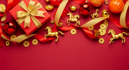 Flat lay with red gift, golden horse figurine, ornament and ribbon on red backdrop, representing festive mood, luck and prosperous New Year