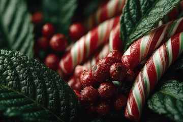 Decorative candy canes with red berries and green pine branches for a festive Christmas scene