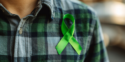 Young man wearing a green awareness ribbon on a plaid shirt  