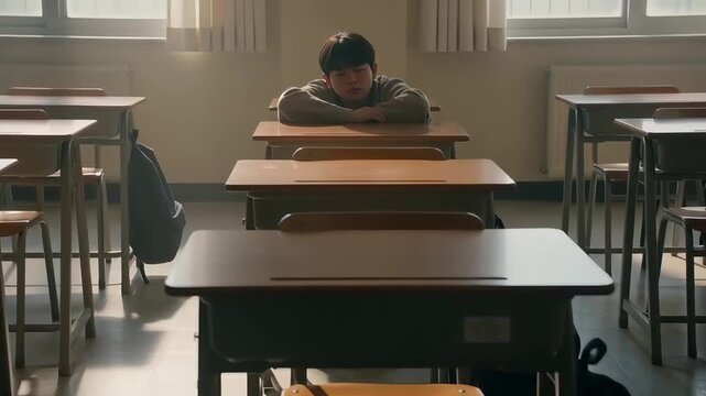 Sad lonely student sitting at desk in empty classroom during school day