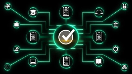 Neon glowing document verification blockchain network with digital check mark icon showing secure data validation system, online approval process, and cyber security technology concept 4k animated. - Powered by Adobe