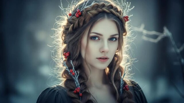 Woman in winter forest with braided hair, holly berries, and frost twig crown for Yule and pagan celebration