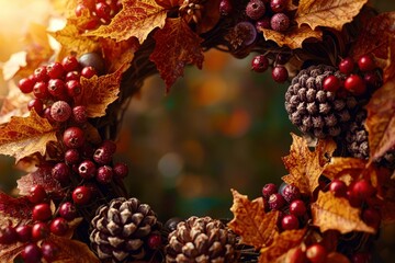 A wreath made of autumn leaves and berries
