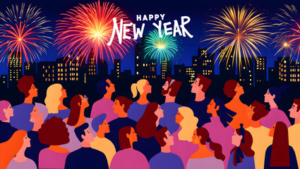 A diverse crowd of people celebrates the new year with fireworks over a city skyline.