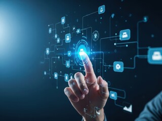 Hand interacting with digital interface on futuristic technology background