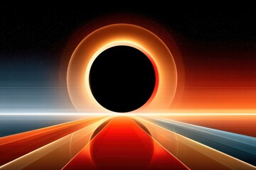 Abstract solar eclipse with fiery ring and flowing light waves at the horizon