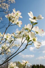 Delicate Dogwood tree flowers blooming against a cear blue sky