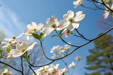 Delicate Dogwood tree flowers blooming against a cear blue sky
