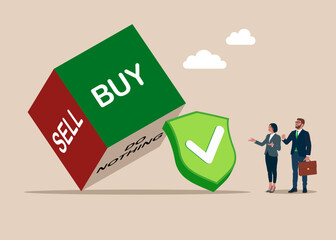 Rolling dice with the word buy, sell and do nothing with green shield check mark. Good investment decision. Flat vector illustration