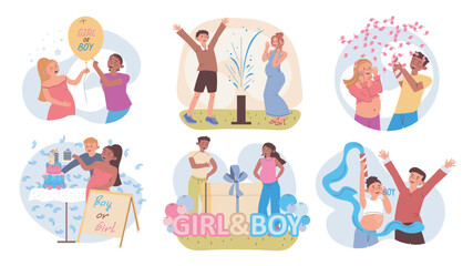 Baby gender reveal celebration concept set for web design. Collection with cartoon people expecting girl or boy birth. Pregnancy mother with young father at newborn shower party. Vector illustration.