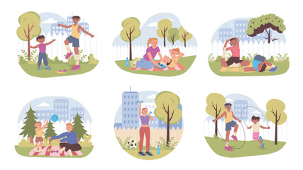 Backyard fitness fun concept set for web design. Collection with cartoon people training together outdoors, exercising with dumbbells, jumping rope, doing yoga, playing ball. Vector illustration.