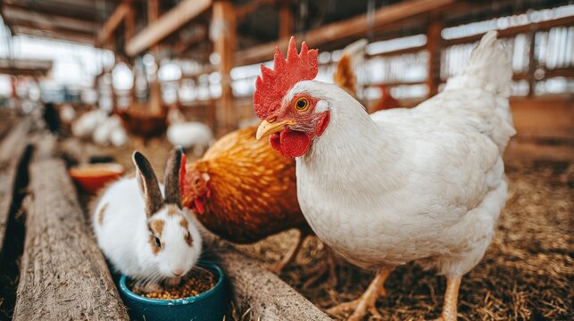 Peru and the chickens watching the jumping rabbit. Duck lying, carefree. Small farm animals.