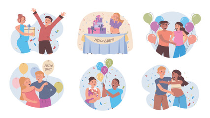 Gender neutral baby shower concept set for web design. Collection with cartoon people greeting their parenthood at party, welcoming newborn with gifts and balloons at event. Vector illustration.