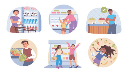 Grocery shopping concept set for web design. Collection with cartoon people doing purchases at supermarket, choosing food products at shelves of different store departments. Vector illustration.
