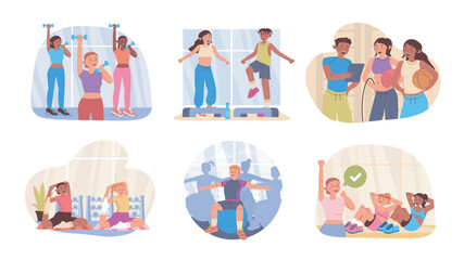 Naklejka premium Group workout class concept set for web design. Collection with cartoon people doing training with dumbbells or fit ball in gym with instructor, practicing pilates or aerobic. Vector illustration.