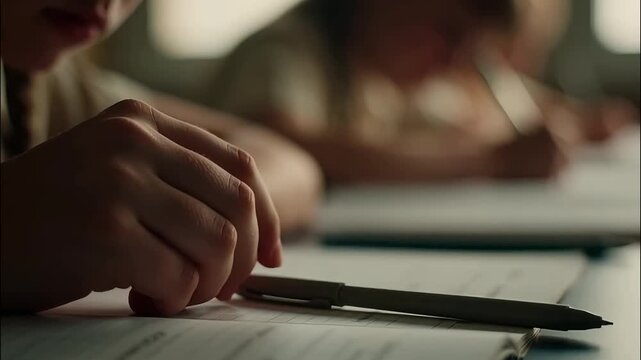 Student hand writing exam paper in classroom with blurred background and warm natural lighting