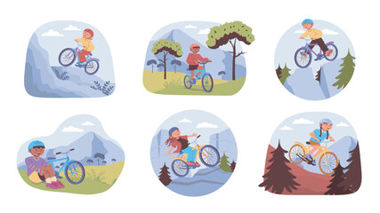Fototapeta premium Mountain biking concept set for web design. Collection with cartoon people in helmets cycling at hard trail in outdoors, bicyclists moving and extremely challenging at downhill. Vector illustration.