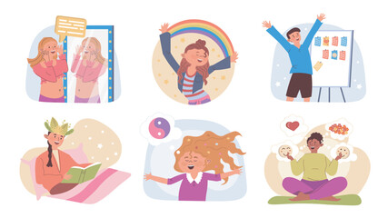 Positive affirmations concept set for web design. Collection with cartoon people talking inspiration and motivation to itself in mirror, making wish boards, healing and self love. Vector illustration.