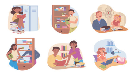 School library time concept set for web design. Collection with cartoon people reading books in class. Pupils and students learning with textbooks, taking folios from shelves. Vector illustration.