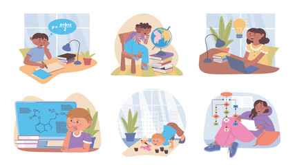 Self-study at home concept set for web design. Collection with cartoon people learning distantly. Students doing homework, reading books, studying at laptop with individual plan. Vector illustration.