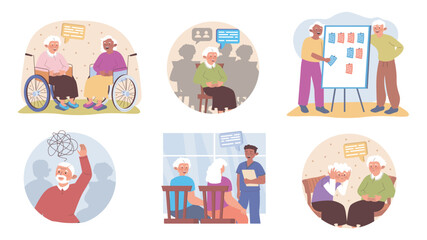 Senior group therapy concept set for web design. Collection with cartoon elderly people talking and listening at psychotherapy session, grandparents meeting with psychologist. Vector illustration.