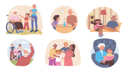 Visiting grandparents concept set for web design. Collection with cartoon elderly people pastime with family. Grandchilds coming to grandmothers or grandfathers and having fun. Vector illustration.