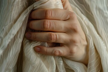 Close-Up of Human Hand Gripping Soft Fabric, Emotional Concept