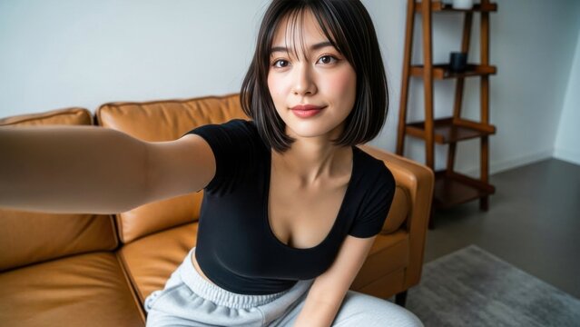 リビングのソファに座り首を傾げて自撮りをする笑顔の女性