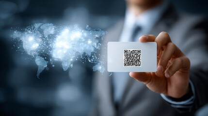 Person with QR code card. A person in a suit shows a card with a QR code against a digital world map.