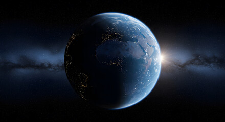 Earth at night with city lights and sunrise glow planet