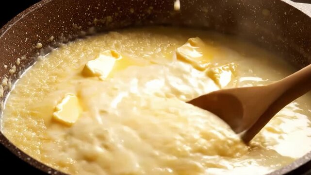 Adding milk and butter to creamy polenta or grits cooking in a pan