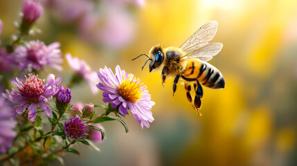 Bee gathering nectar from blooms. A bee is flying near purple flowers in a garden during a sunny afternoon in late spring.